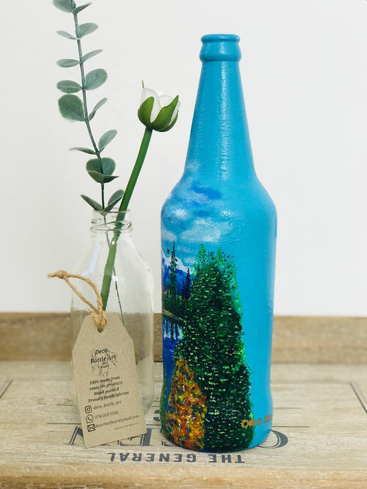 YELLOW STONE : Mountain Lake Reflection Hand-Painted Bottle | Alpine Landscape Art | Up-cycled Decor Vase