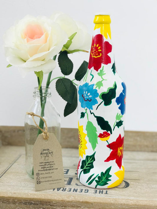TRAY Floral Folk Art Hand-Painted Bottle | Colorful Garden Design | Upcycled Decor Vase