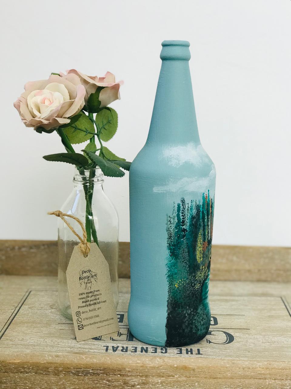 EDWARD : Forest Lake Reflection Hand-Painted Bottle | Tranquil Nature Scene | Upcycled Decor Vase