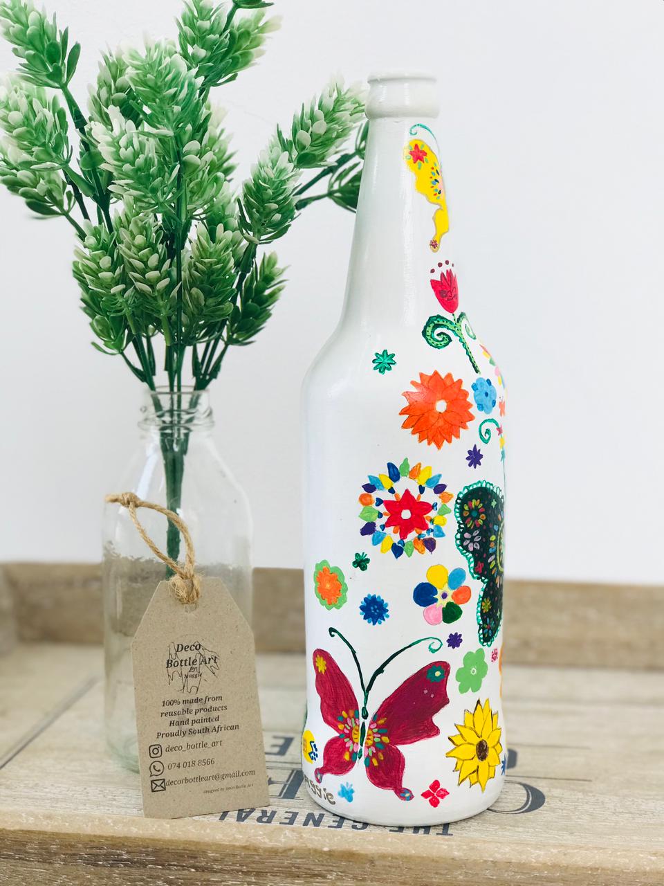 FRUSTRATION Folk Art Hand-Painted Bottle | Butterfly & Floral Design | Upcycled Decor Vase