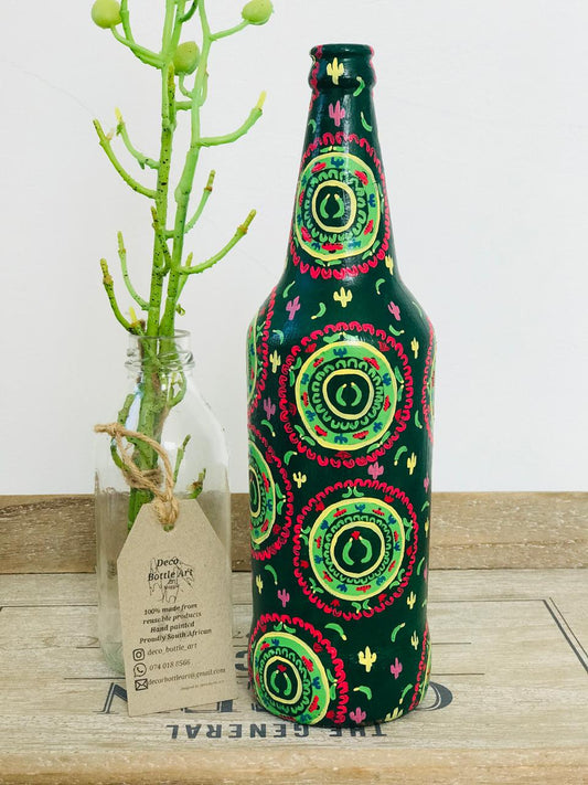 JALAPENO Fiesta Hand-Painted Bottle | 360° Folk Pattern Art | Upcycled Decor Vase