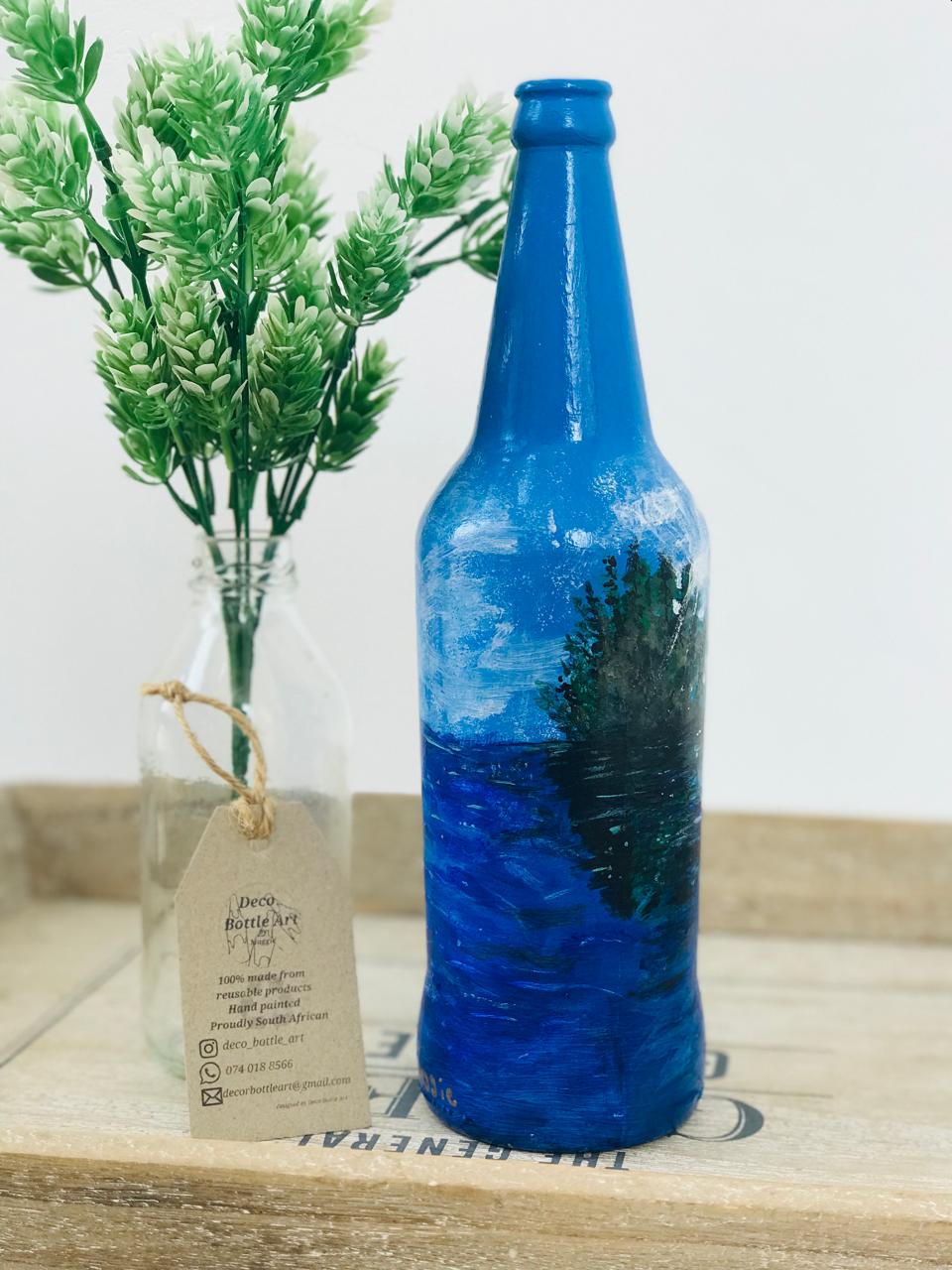 ABSTRACT SEA Hand-Painted Bottle | Coastal Landscape Art | Upcycled Decor Vase