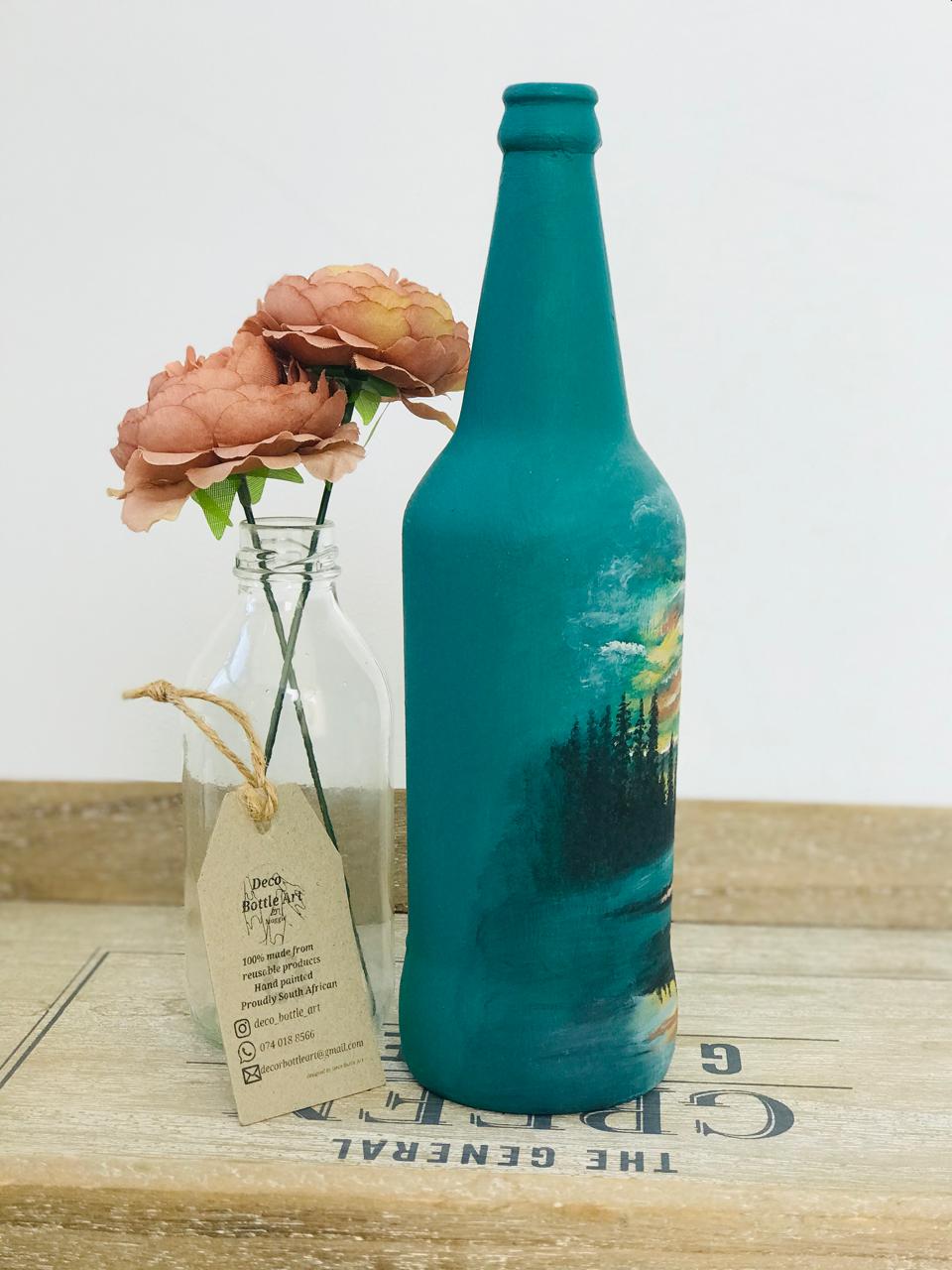 WINNEBAGO : Sunset Forest Lake Hand-Painted Bottle | Teal Landscape Art | Upcycled Decor Vase