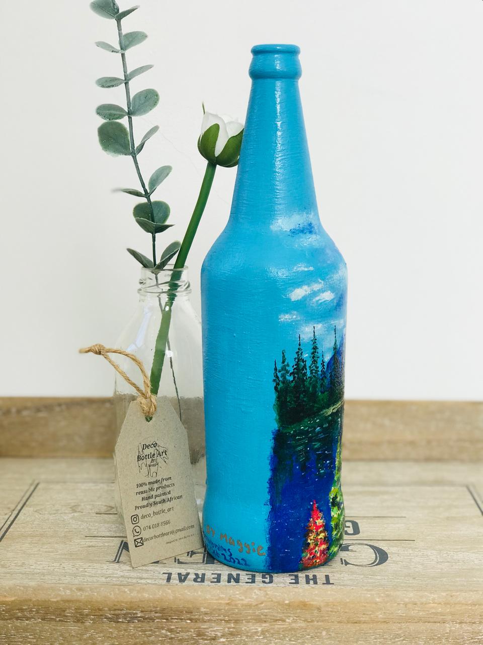 YELLOW STONE : Mountain Lake Reflection Hand-Painted Bottle | Alpine Landscape Art | Up-cycled Decor Vase