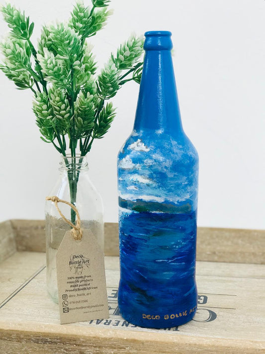 ABSTRACT SEA Hand-Painted Bottle | Coastal Landscape Art | Upcycled Decor Vase