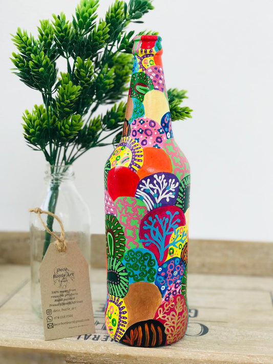 MARTY Abstract Coral Hand-Painted Bottle | 360° Colorful Pattern Art | Upcycled Decor Vase