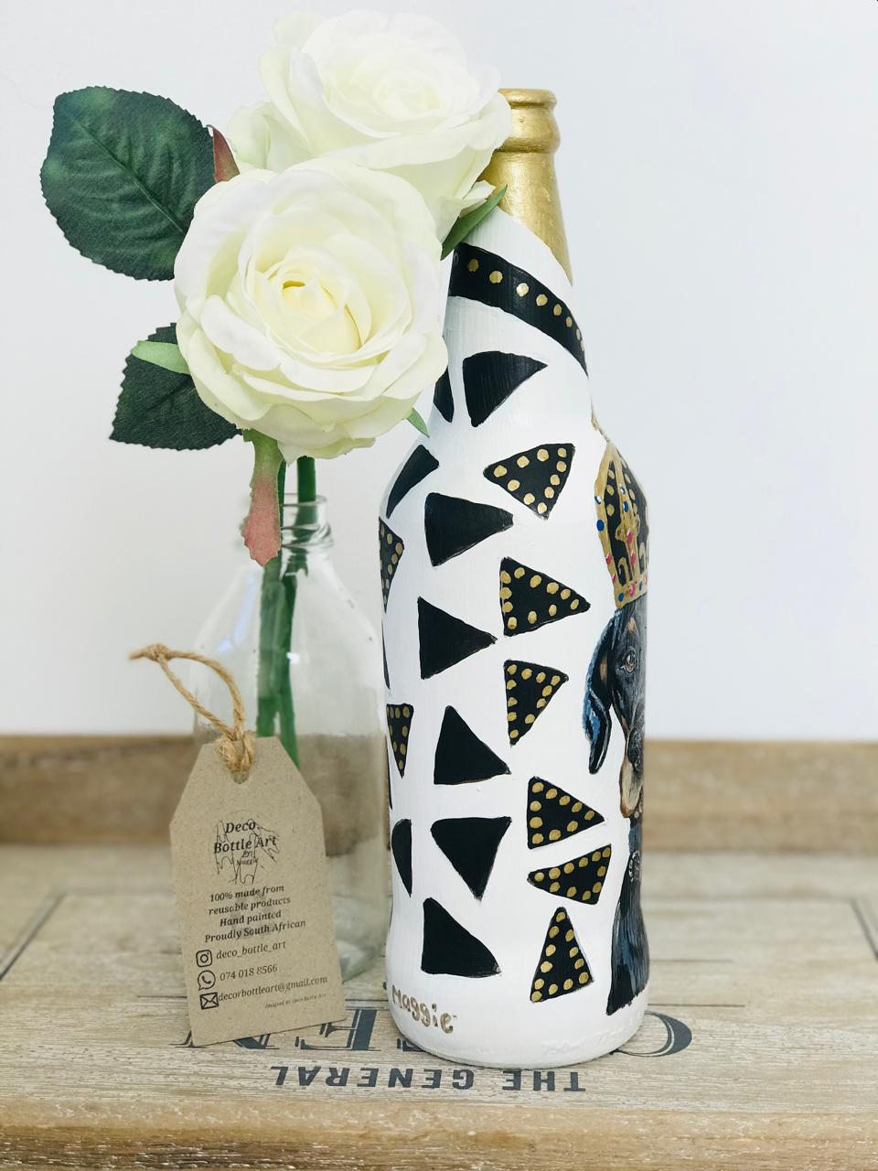 RUFUZ : Royal Doberman Hand-Painted Glass Bottle | Custom Pet Portrait Decor | Eco-Friendly Home Gift
