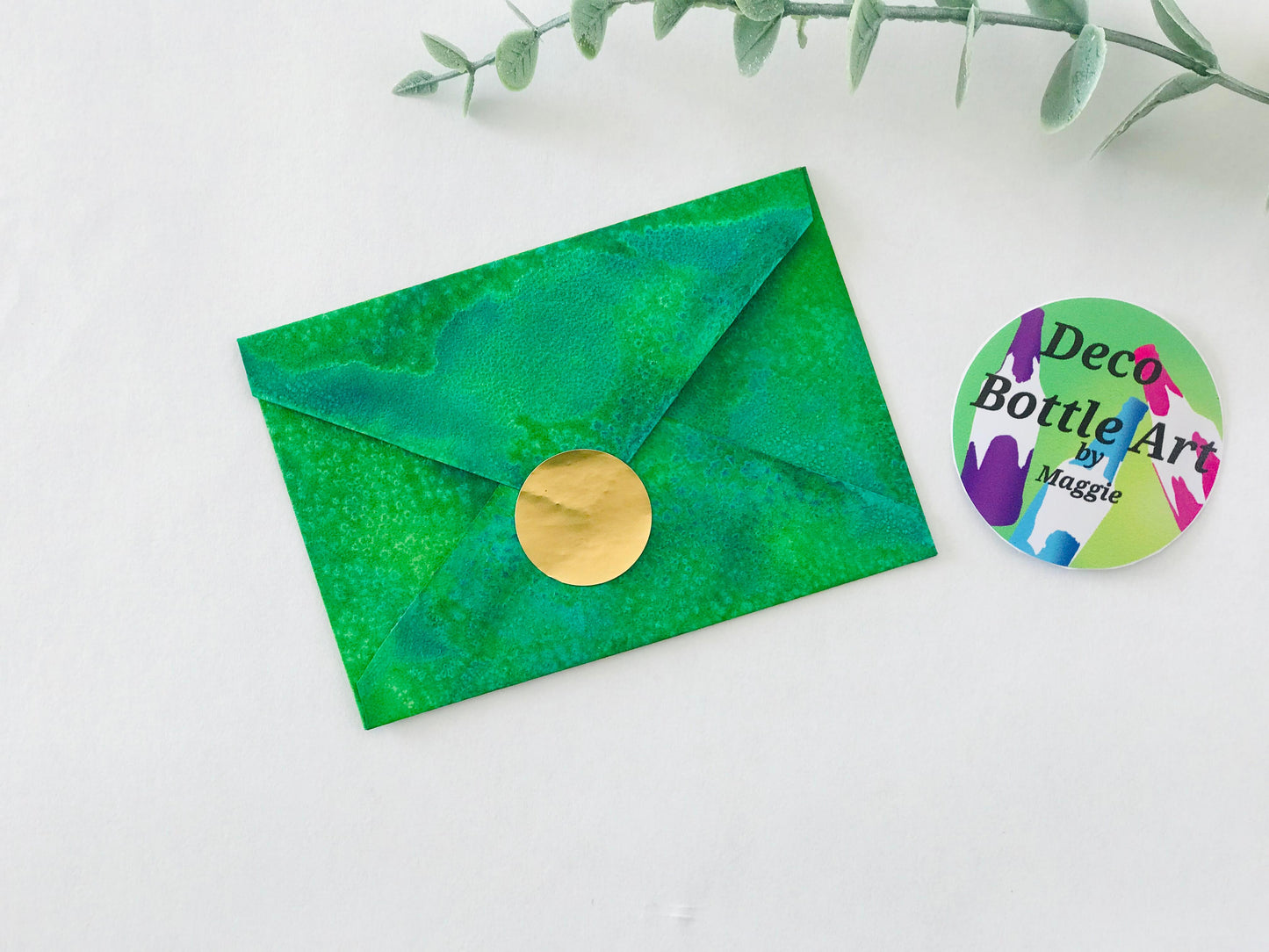 Emerald Bloom Envelopes | Peel & Seal Paper Envelopes + Gold Stickers | Deco Bottle Art by Maggie