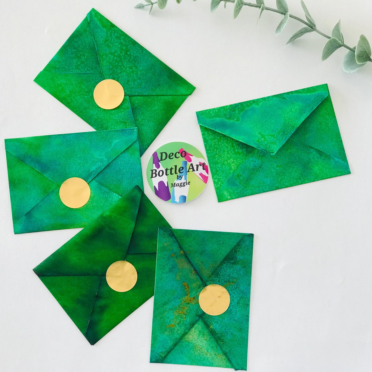 Emerald Bloom Envelopes | Peel & Seal Paper Envelopes + Gold Stickers | Deco Bottle Art by Maggie