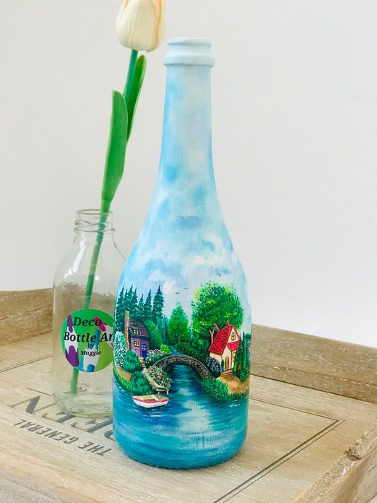 Feuding Neighbors - Hand-Painted Village Bottle Art