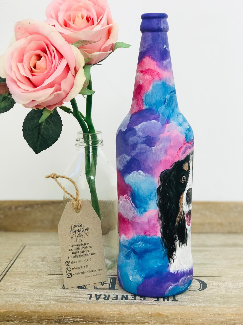 FOODIE : Happy Bernese Mountain Dog Hand-Painted Bottle | ACRYLIC Sky Pet Portrait | Upcycled Home Decor