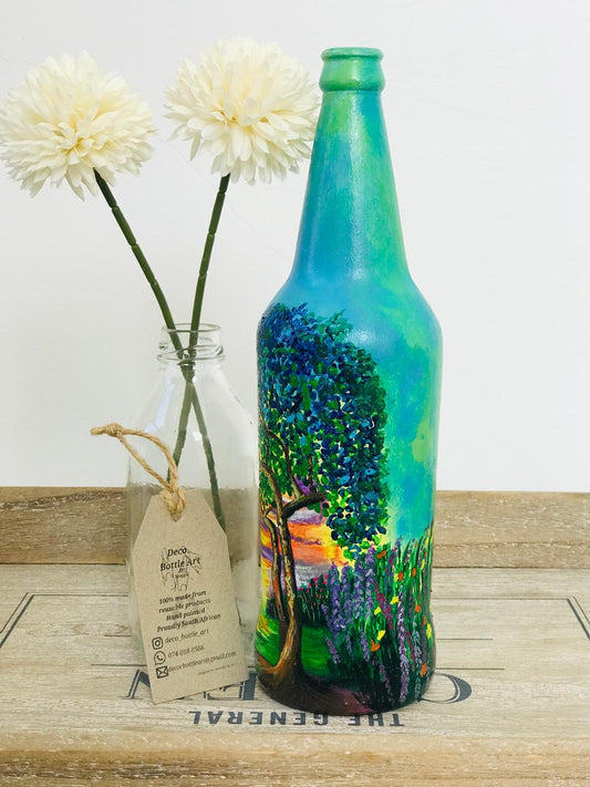 SUNSET O' DOT : Sunset Meadow Landscape Hand-Painted Bottle | 360° Nature Scene | Upcycled Decor Vase