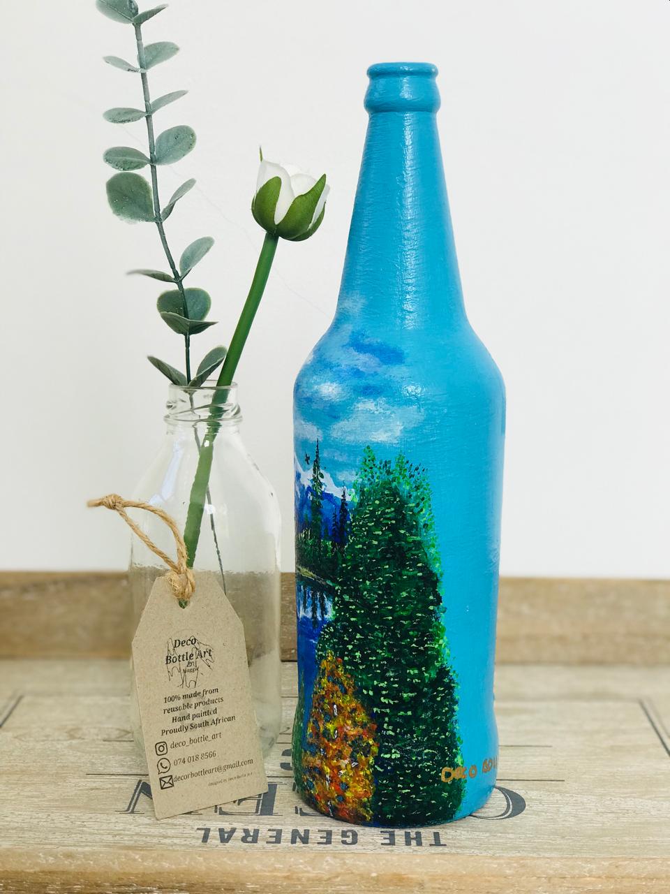 YELLOW  STONE : Mountain Lake Reflection Hand-Painted Bottle | Alpine Landscape Art | Up-cycled Decor Vase