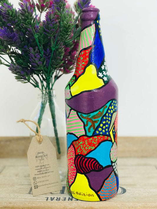 SIXTEEN : Abstract Patchwork Hand-Painted Bottle | 360° Colorful Geometric Art | Upcycled Decor Vase