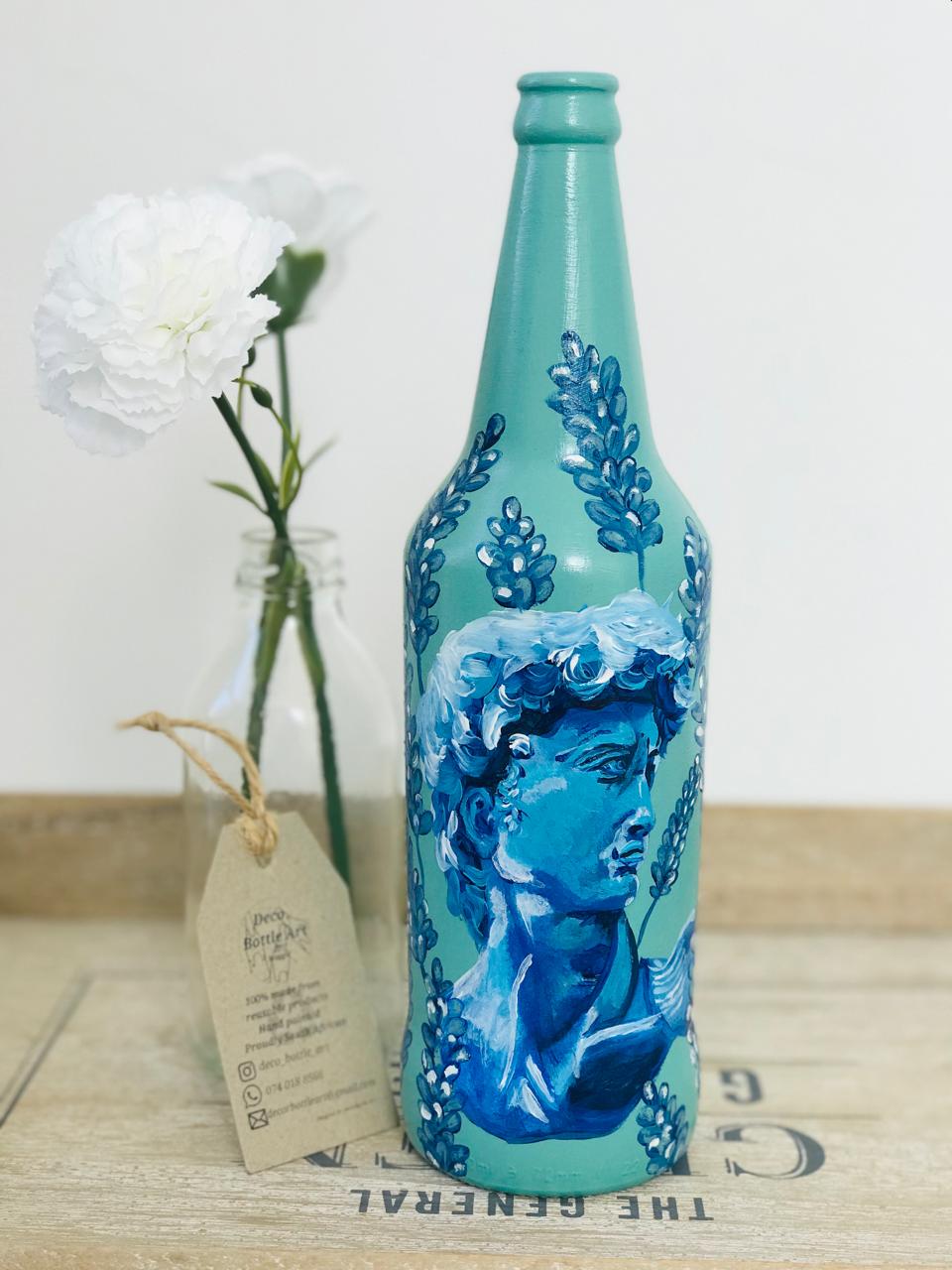 DAVID by MICHELANGELO : Classical David Bust Hand-Painted Bottle | Blue Monochrome Art with Lavender | Upcycled Decor Vase