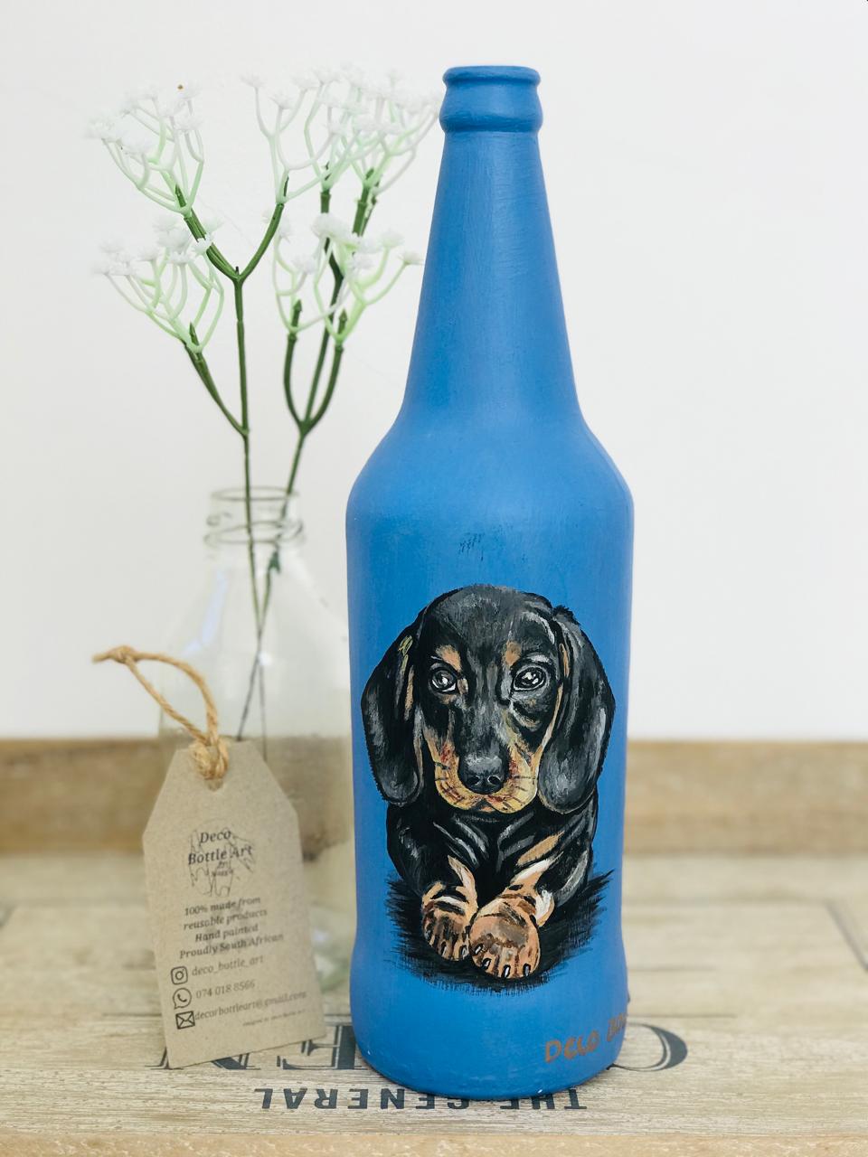 SAUSA : Dachshund Double-Sided Hand-Painted Bottle | Front & Back Pet Portrait | Upcycled Dog Decor