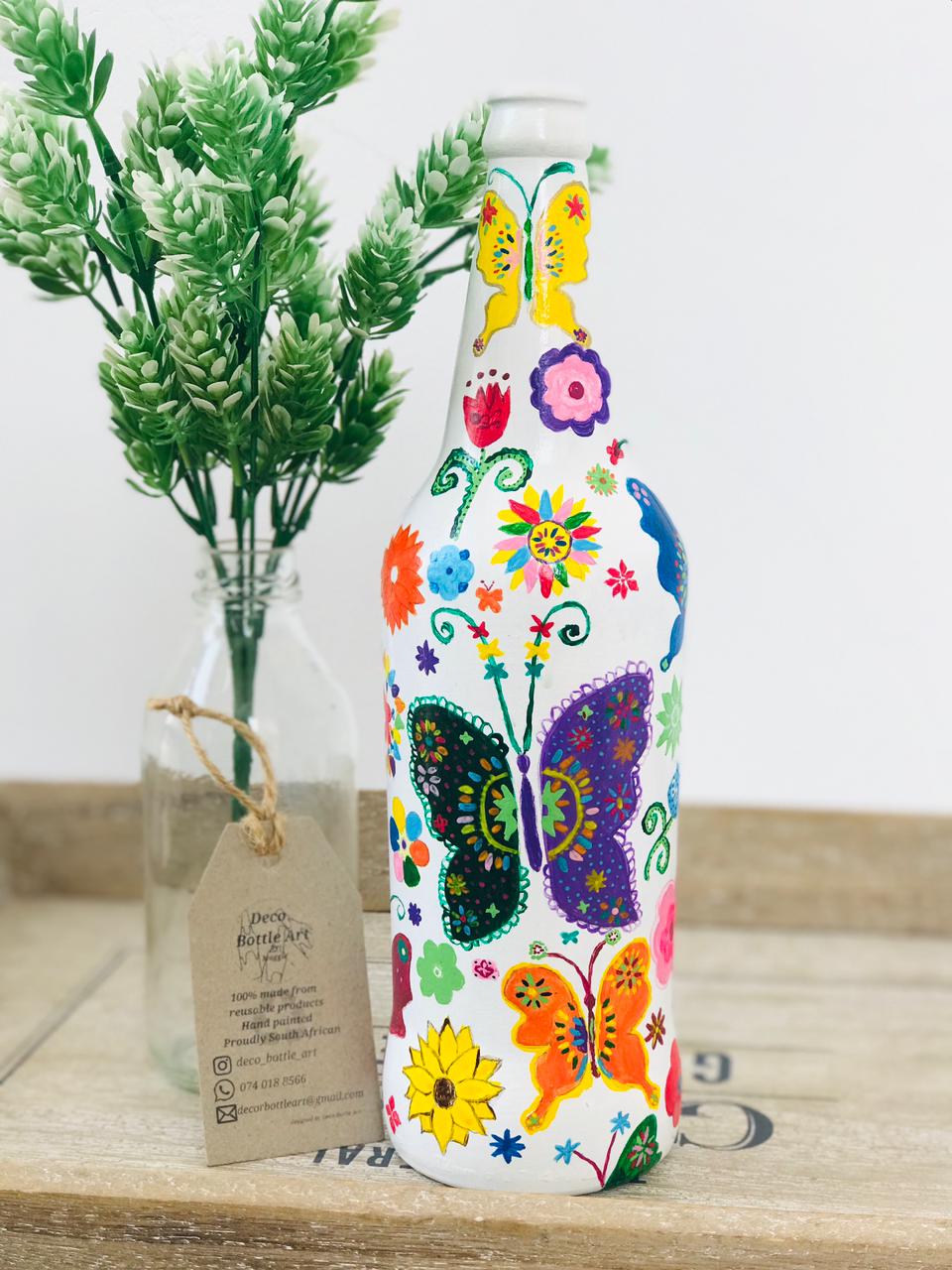 FRUSTRATION Folk Art Hand-Painted Bottle | Butterfly & Floral Design | Upcycled Decor Vase