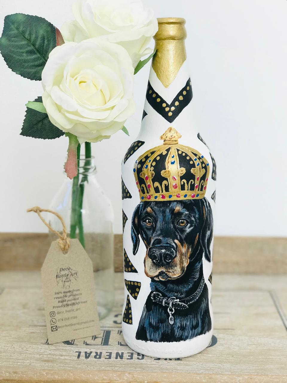 RUFUZ : Royal Doberman Hand-Painted Glass Bottle | Custom Pet Portrait Decor | Eco-Friendly Home Gift