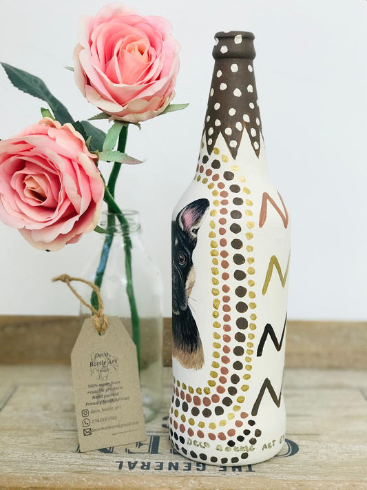 THE MAN : French Bulldog Tribal Pattern Hand-Painted Bottle | 360° Pet Portrait | Upcycled Home Decor