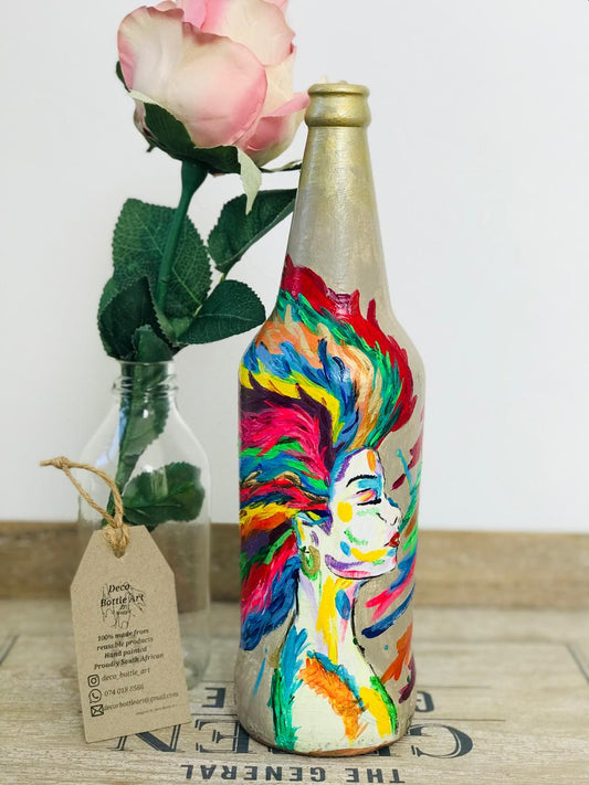 WINDY HAIR : Abstract Woman Portrait Hand-Painted Bottle | 360° Colorful Art | Upcycled Decor Vase