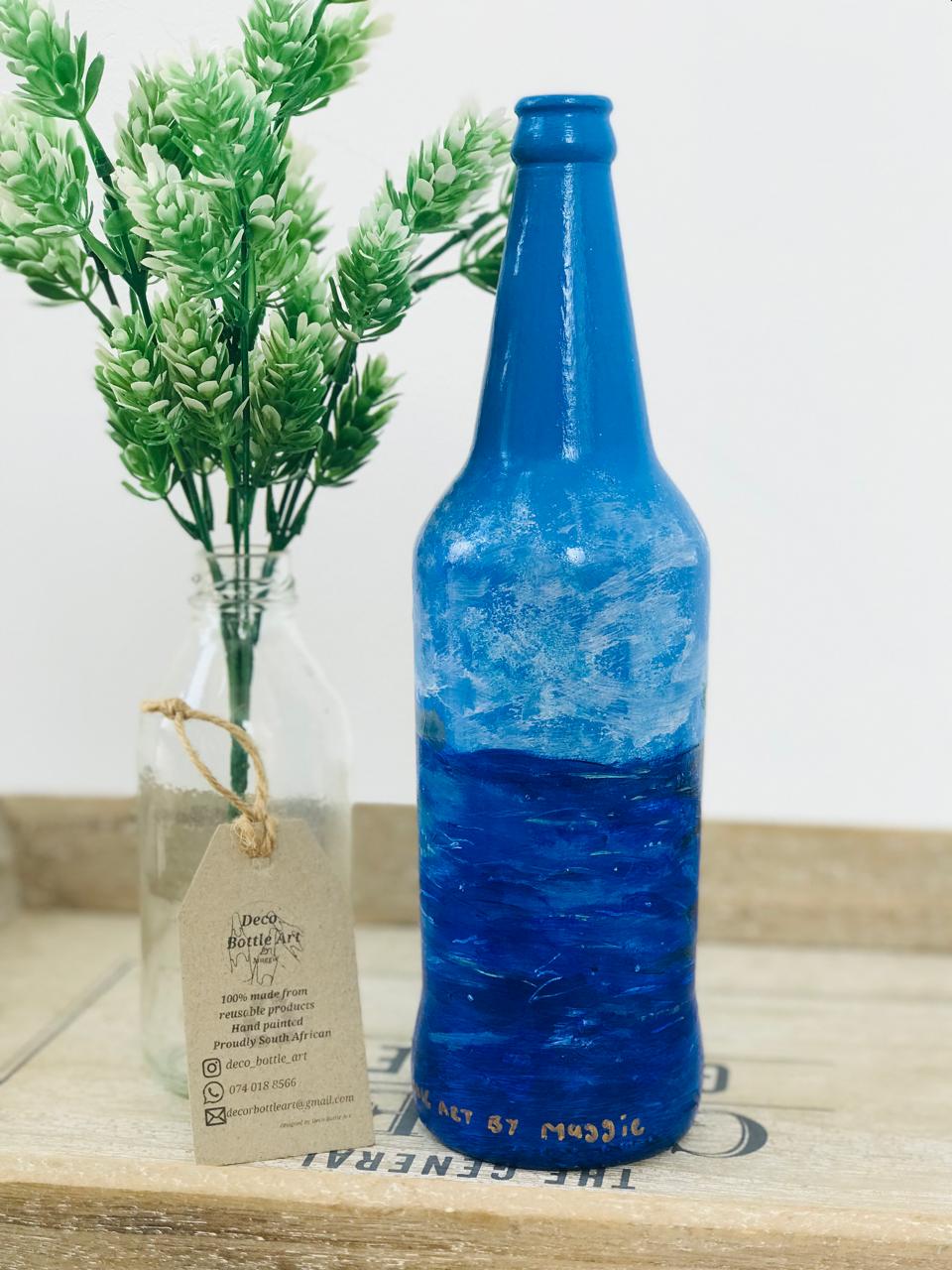 ABSTRACT SEA Hand-Painted Bottle | Coastal Landscape Art | Upcycled Decor Vase