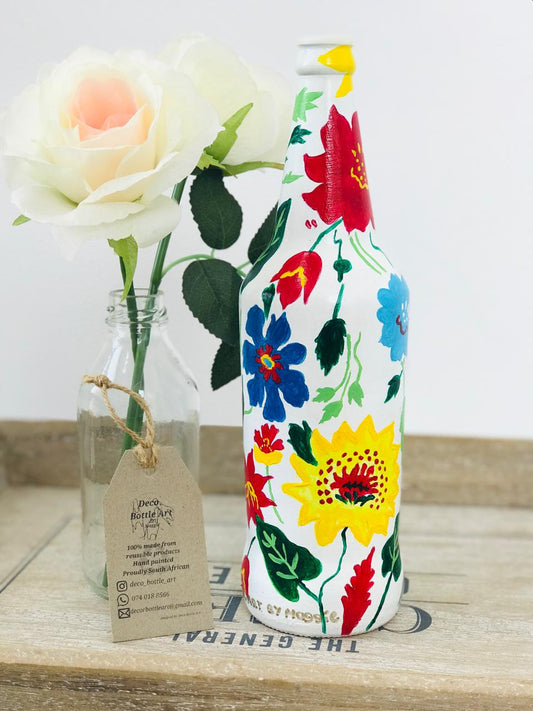 TRAY Floral Folk Art Hand-Painted Bottle | Colorful Garden Design | Upcycled Decor Vase