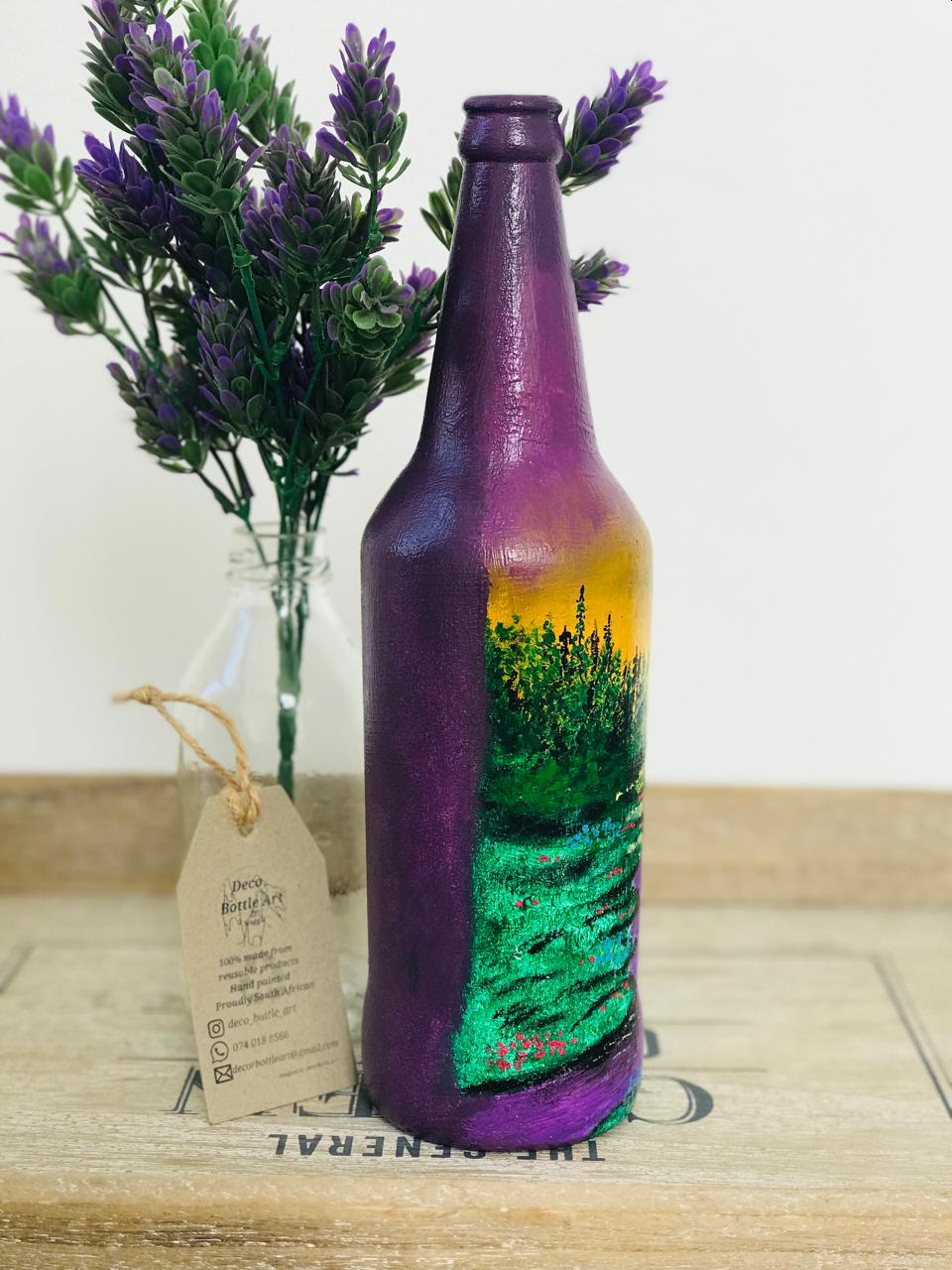AUBERGINE FOREST : Sunset Landscape Hand-Painted Bottle | Mountain River Scene | Upcycled Decor Vase
