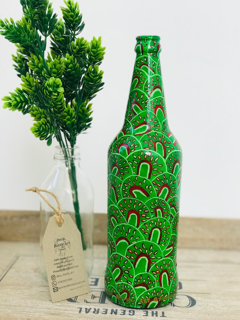 AVOCADO : Pattern Hand-Painted Bottle | 360° Green Geometric Art | Upcycled Decor Vase