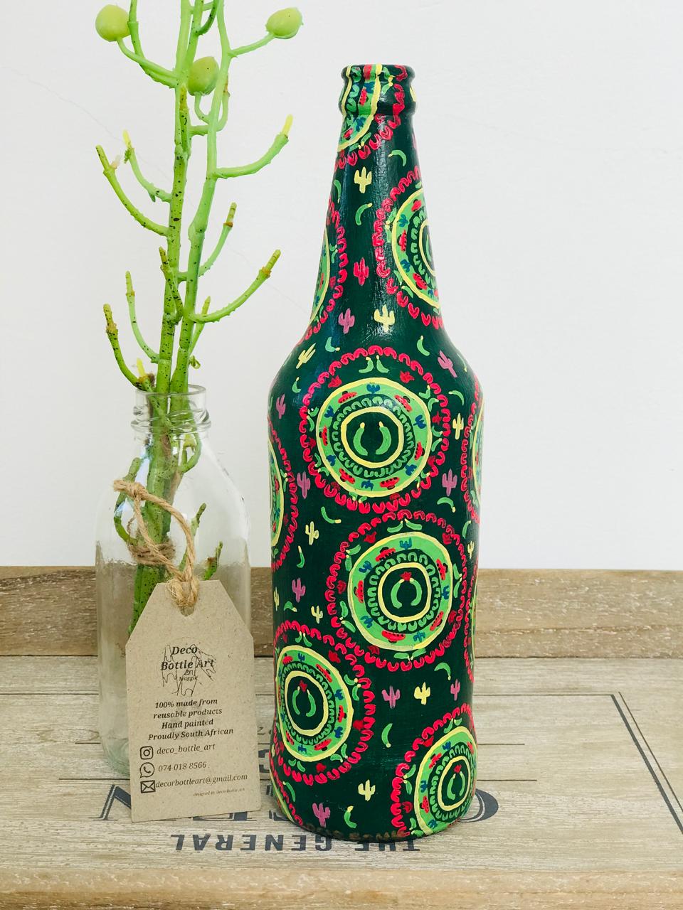 JALAPENO Fiesta Hand-Painted Bottle | 360° Folk Pattern Art | Upcycled Decor Vase