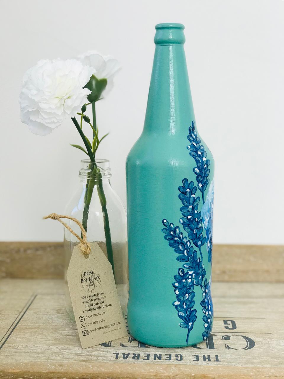 DAVID by MICHELANGELO : Classical David Bust Hand-Painted Bottle | Blue Monochrome Art with Lavender | Upcycled Decor Vase