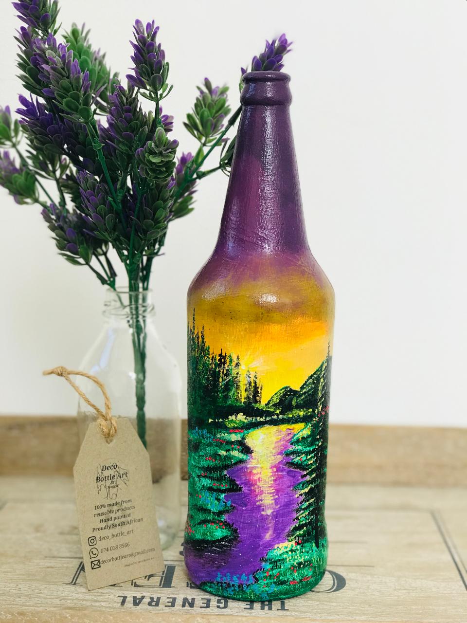 AUBERGINE FOREST : Sunset Landscape Hand-Painted Bottle | Mountain River Scene | Upcycled Decor Vase