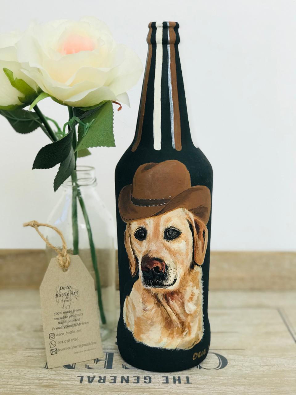 CHERNYSHEVSKY : Cowboy Labrador Hand-Painted Glass Bottle | Pet Portrait Home Decor | Upcycled Gift