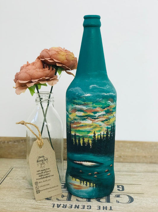 WINNEBAGO : Sunset Forest Lake Hand-Painted Bottle | Teal Landscape Art | Upcycled Decor Vase
