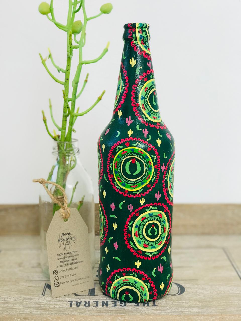 JALAPENO Fiesta Hand-Painted Bottle | 360° Folk Pattern Art | Upcycled Decor Vase