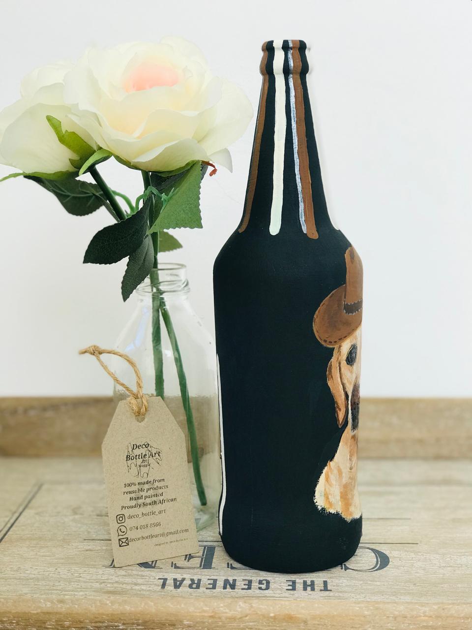 CHERNYSHEVSKY : Cowboy Labrador Hand-Painted Glass Bottle | Pet Portrait Home Decor | Upcycled Gift