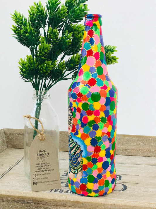 QUEEN MALIA Hand-Painted Portrait Bottle | Colorful Pattern Art | Upcycled Bottle Art