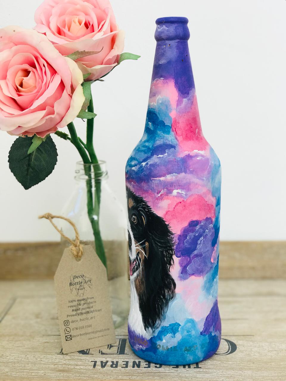 FOODIE : Happy Bernese Mountain Dog Hand-Painted Bottle | ACRYLIC Sky Pet Portrait | Upcycled Home Decor