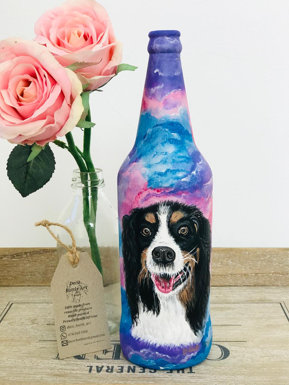 FOODIE : Happy Bernese Mountain Dog Hand-Painted Bottle | ACRYLIC Sky Pet Portrait | Upcycled Home Decor