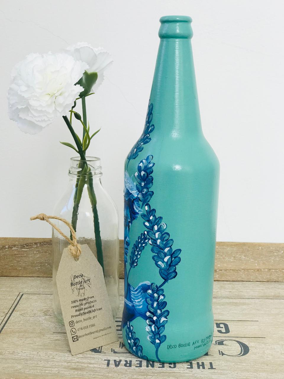 DAVID by MICHELANGELO : Classical David Bust Hand-Painted Bottle | Blue Monochrome Art with Lavender | Upcycled Decor Vase