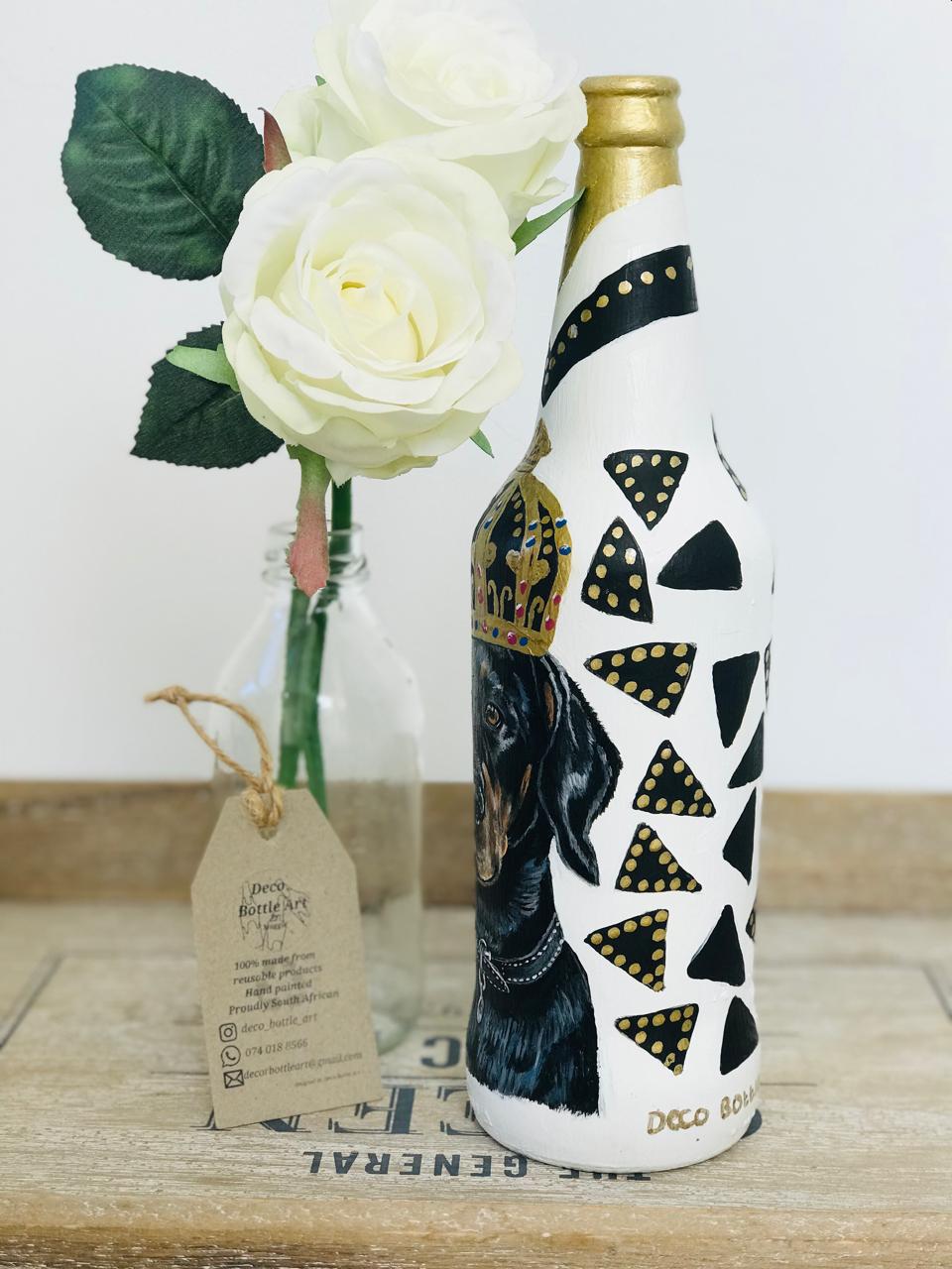 RUFUZ : Royal Doberman Hand-Painted Glass Bottle | Custom Pet Portrait Decor | Eco-Friendly Home Gift