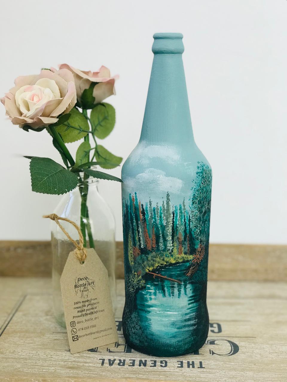 EDWARD :  Forest Lake Reflection Hand-Painted Bottle | Tranquil Nature Scene | Upcycled Decor Vase