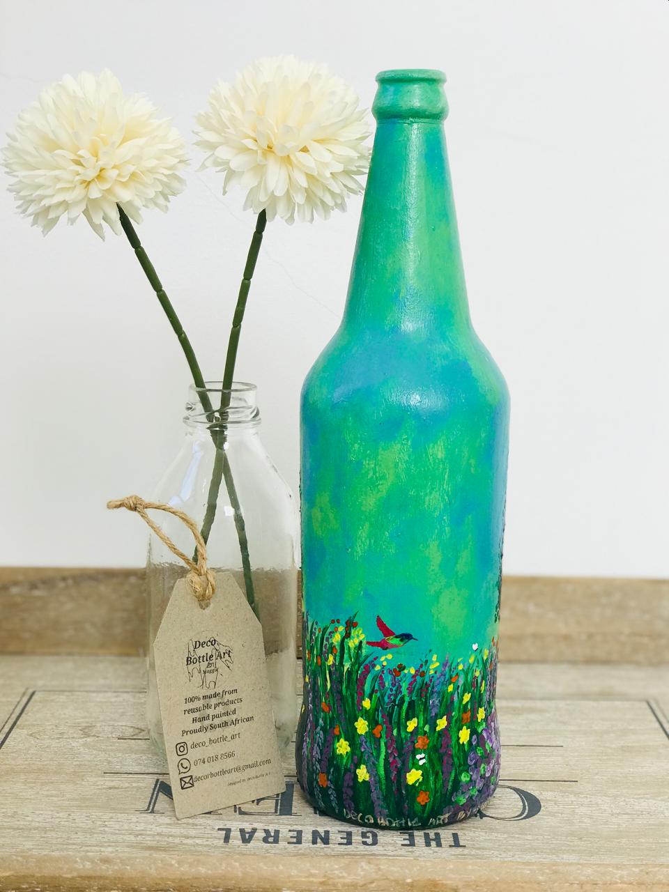 SUNSET O' DOT : Sunset Meadow Landscape Hand-Painted Bottle | 360° Nature Scene | Upcycled Decor Vase