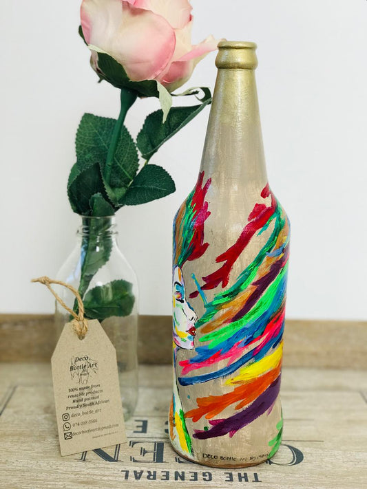 WINDY HAIR : Abstract Woman Portrait Hand-Painted Bottle | 360° Colorful Art | Upcycled Decor Vase