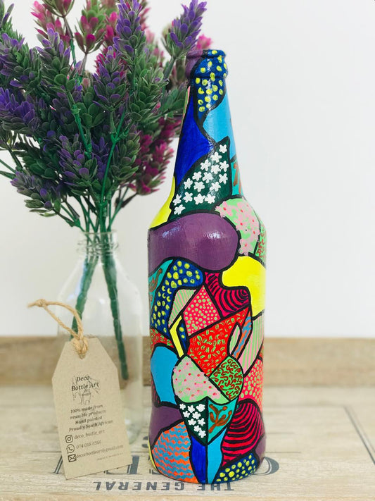 SIXTEEN : Abstract Patchwork Hand-Painted Bottle | 360° Colorful Geometric Art | Upcycled Decor Vase