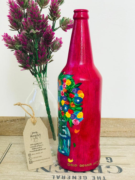 FLUFFY : Colorful Flower Bouquet Hand-Painted Bottle | Floral Mason Jar Art | Upcycled Decor Vase