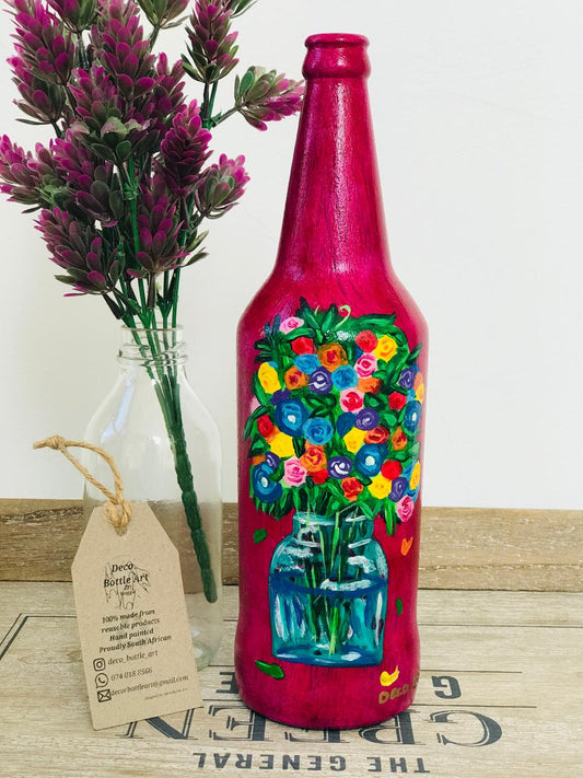 FLUFFY : Colorful Flower Bouquet Hand-Painted Bottle | Floral Mason Jar Art | Upcycled Decor Vase