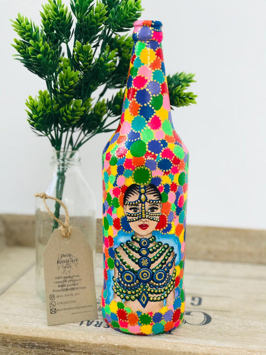 QUEEN MALIA Hand-Painted Portrait Bottle | Colorful Pattern Art | Upcycled Bottle Art
