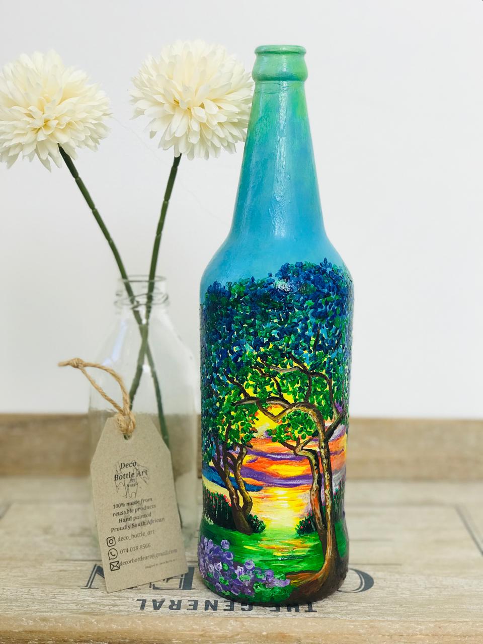 SUNSET O' DOT : Sunset Meadow Landscape Hand-Painted Bottle | 360° Nature Scene | Upcycled Decor Vase