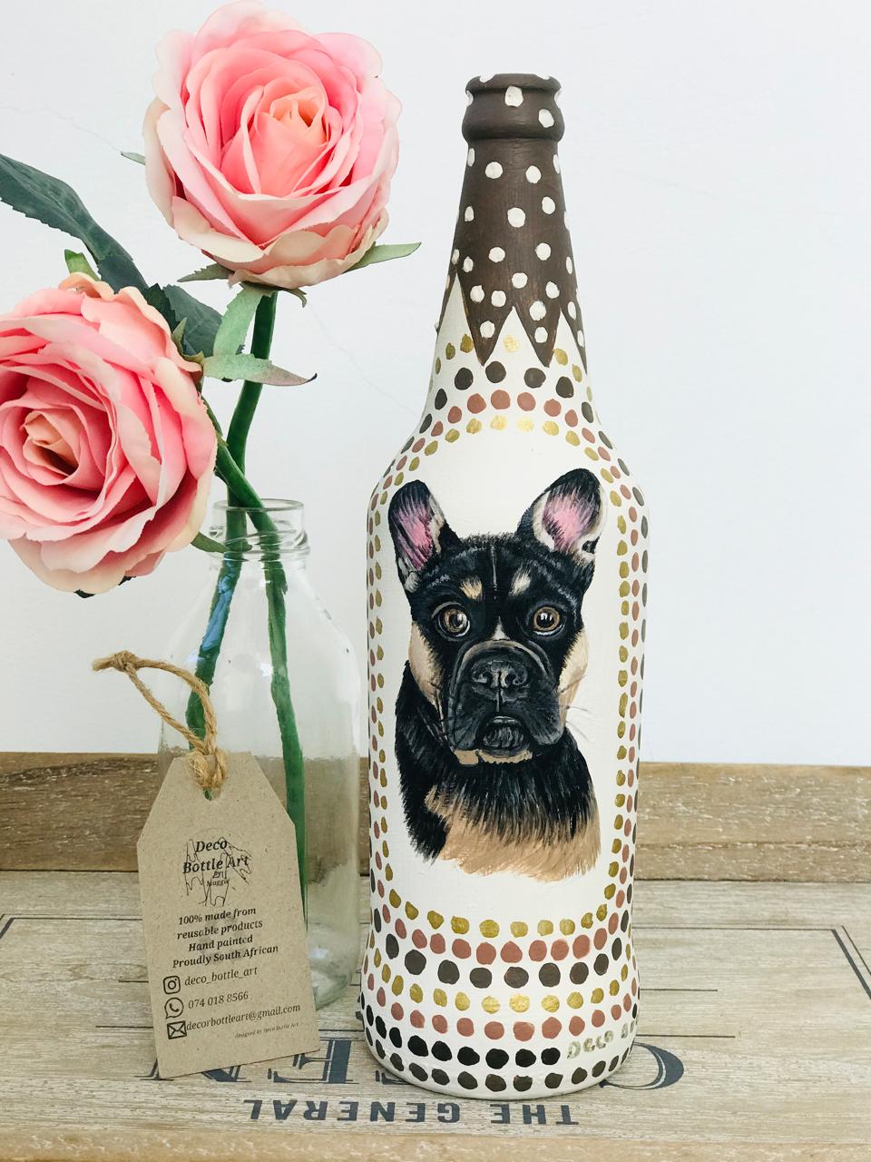 THE MAN : French Bulldog Tribal Pattern Hand-Painted Bottle | 360° Pet Portrait | Upcycled Home Decor