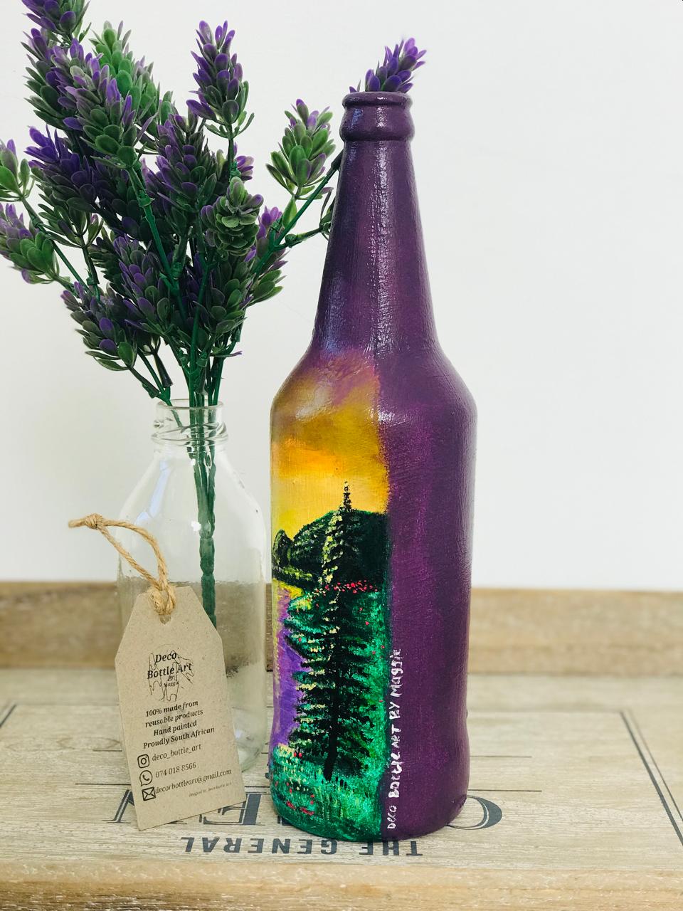 AUBERGINE FOREST : Sunset Landscape Hand-Painted Bottle | Mountain River Scene | Upcycled Decor Vase